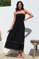 Edna Maxi Dress - Strapless A-Line Dress with Lace Insert and Trim in Black