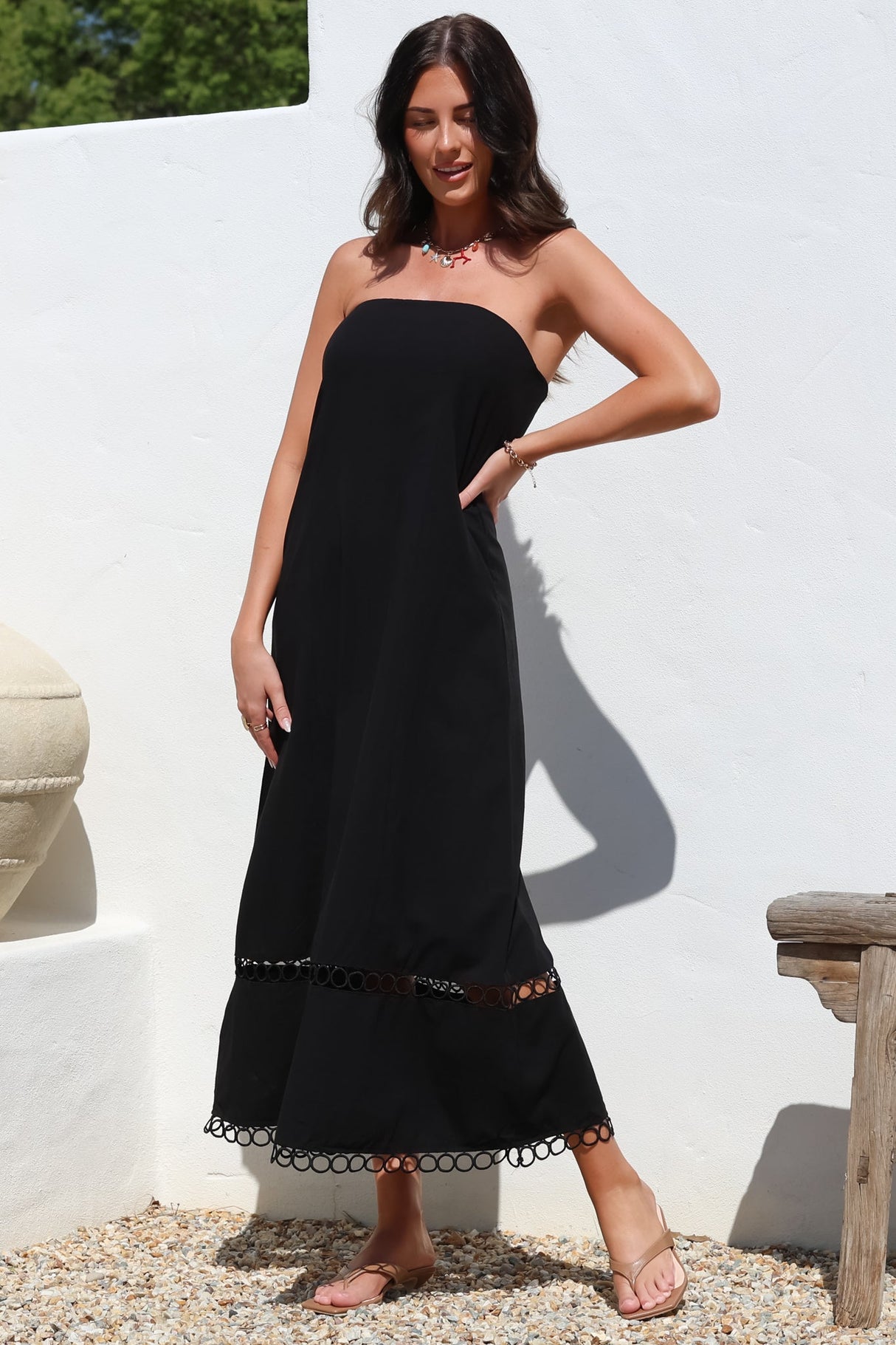 Edna Maxi Dress - Strapless A-Line Dress with Lace Insert and Trim in Black
