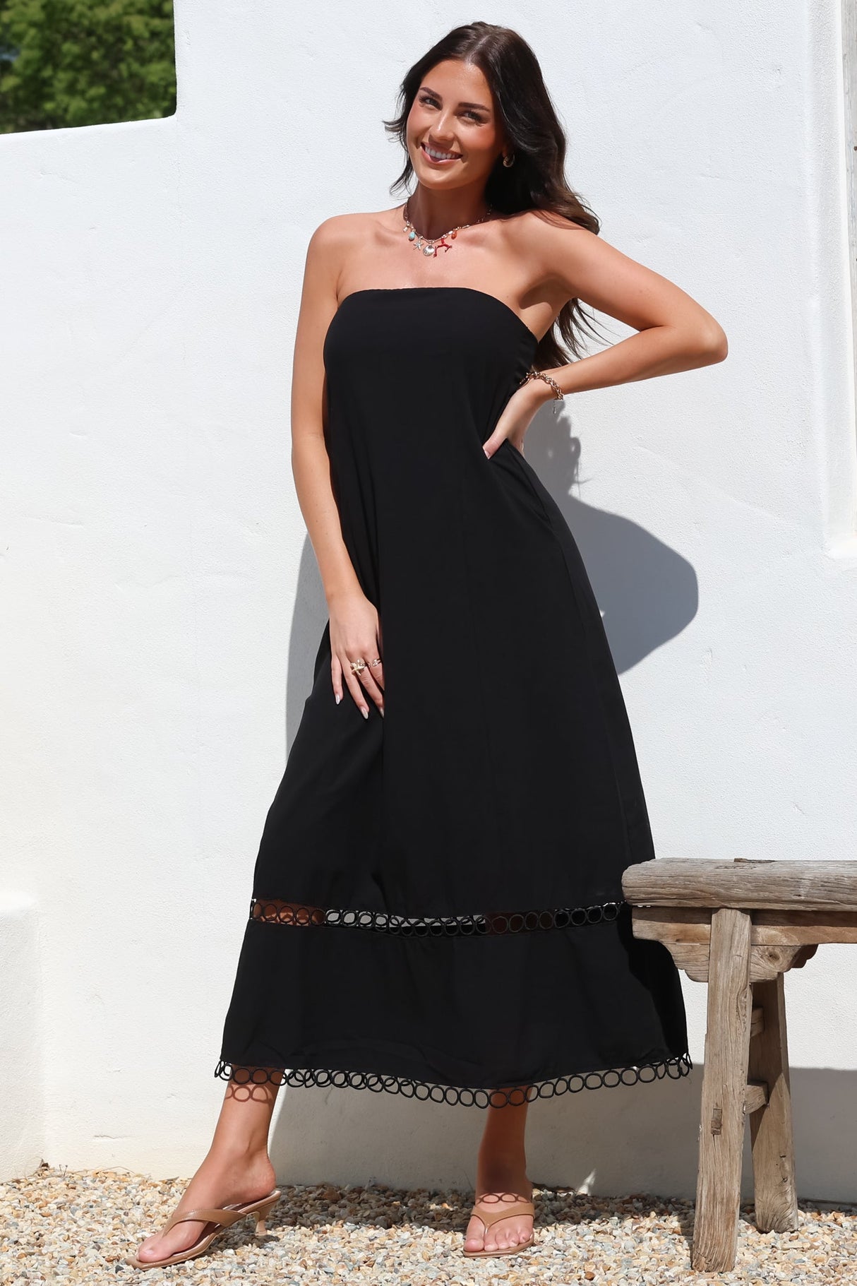 Edna Maxi Dress - Strapless A-Line Dress with Lace Insert and Trim in Black