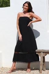 Edna Maxi Dress - Strapless A-Line Dress with Lace Insert and Trim in Black