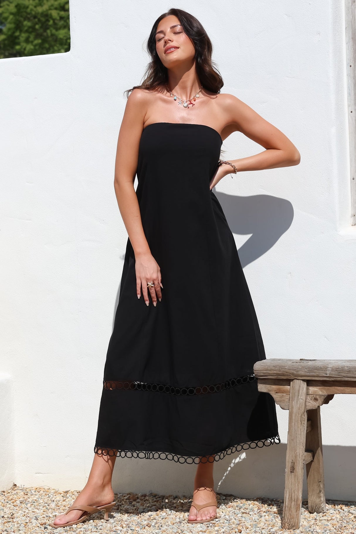 Edna Maxi Dress - Strapless A-Line Dress with Lace Insert and Trim in Black