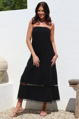 Edna Maxi Dress - Strapless A-Line Dress with Lace Insert and Trim in Black