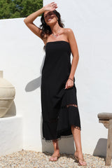 Edna Maxi Dress - Strapless A-Line Dress with Lace Insert and Trim in Black