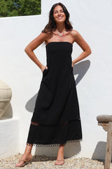 Edna Maxi Dress - Strapless A-Line Dress with Lace Insert and Trim in Black