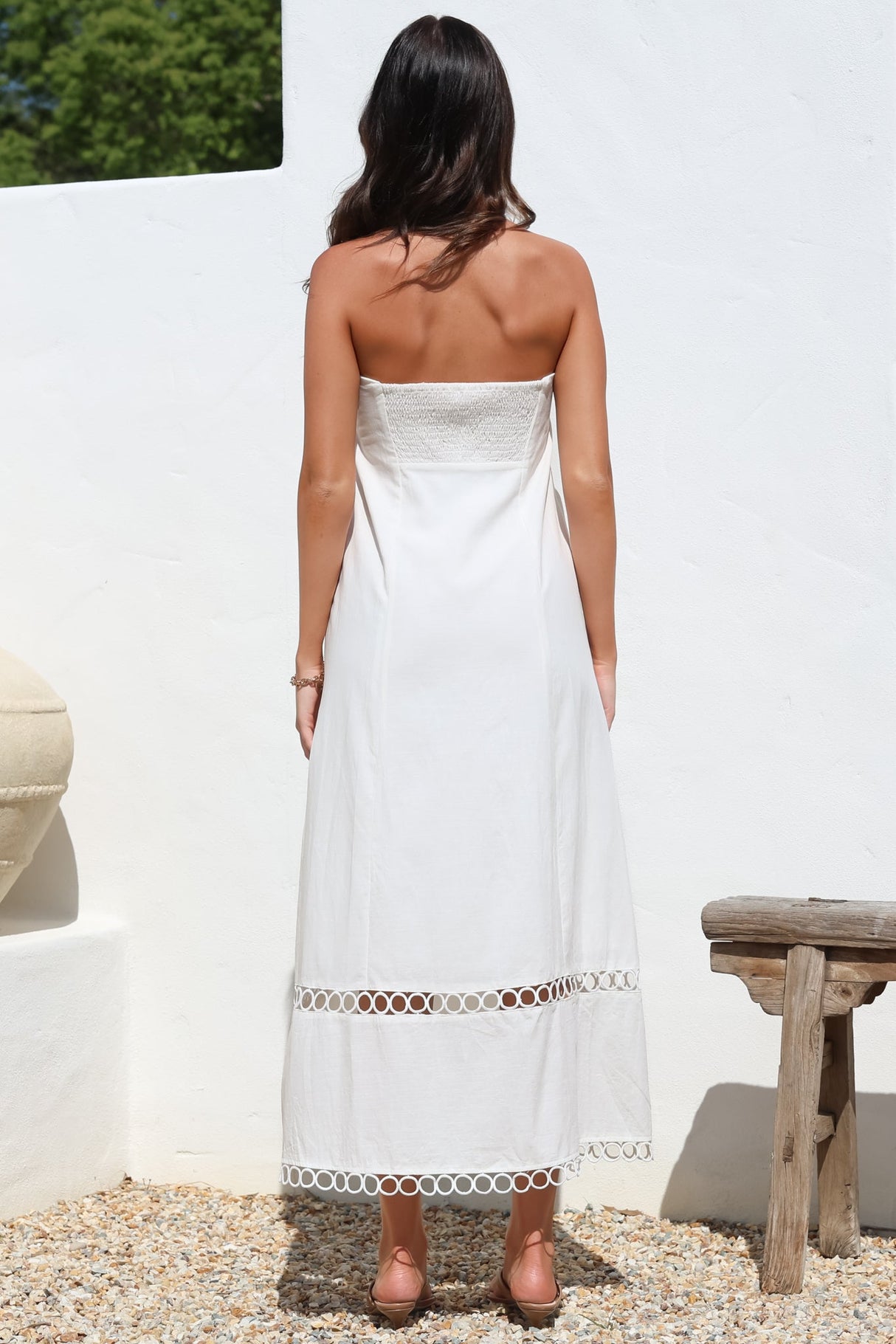 Edna Maxi Dress - Strapless A-Line Dress with Lace Insert and Trim in Cream