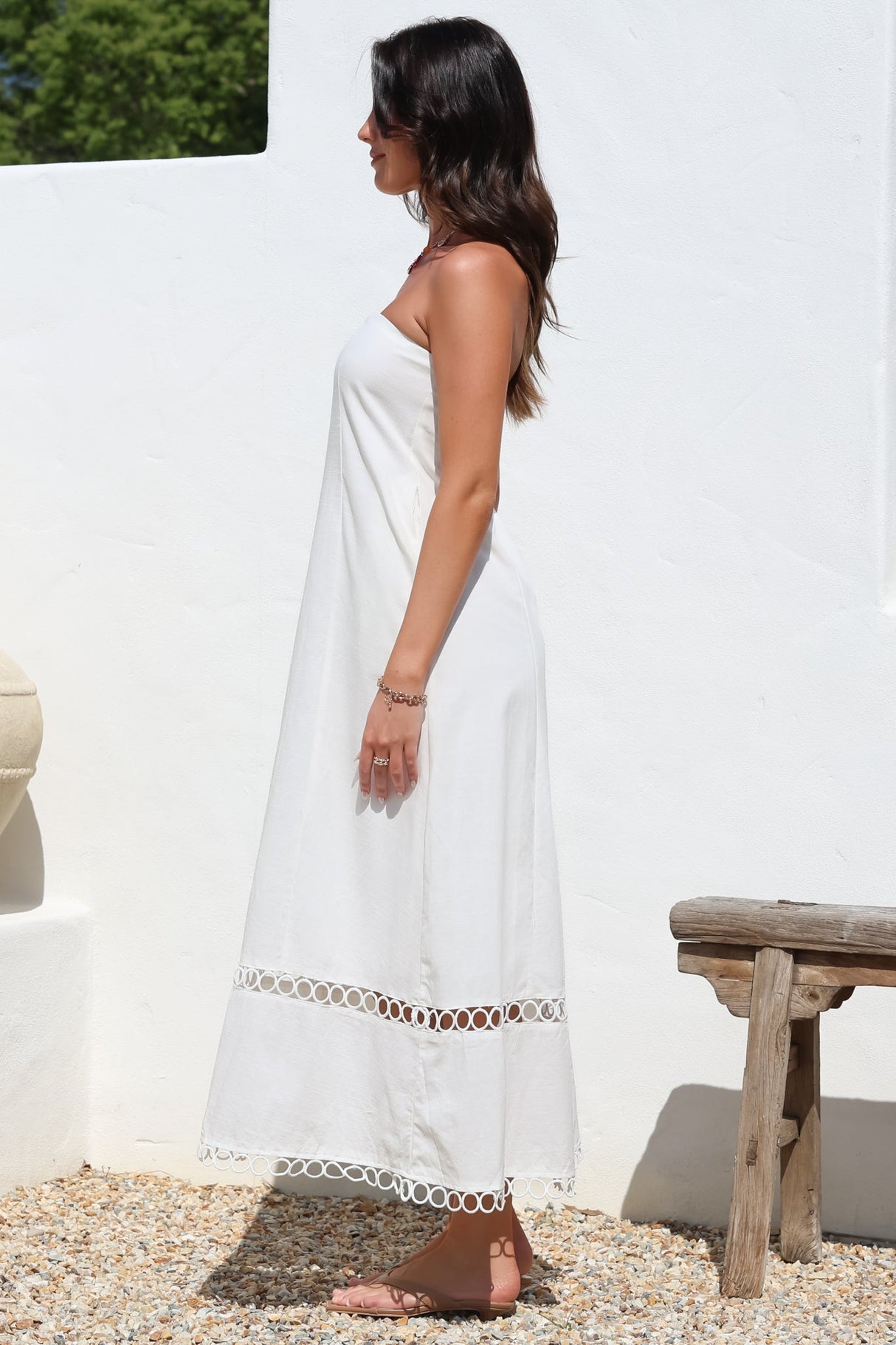 Edna Maxi Dress - Strapless A-Line Dress with Lace Insert and Trim in Cream
