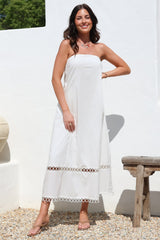 Edna Maxi Dress - Strapless A-Line Dress with Lace Insert and Trim in Cream