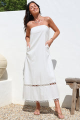 Edna Maxi Dress - Strapless A-Line Dress with Lace Insert and Trim in Cream
