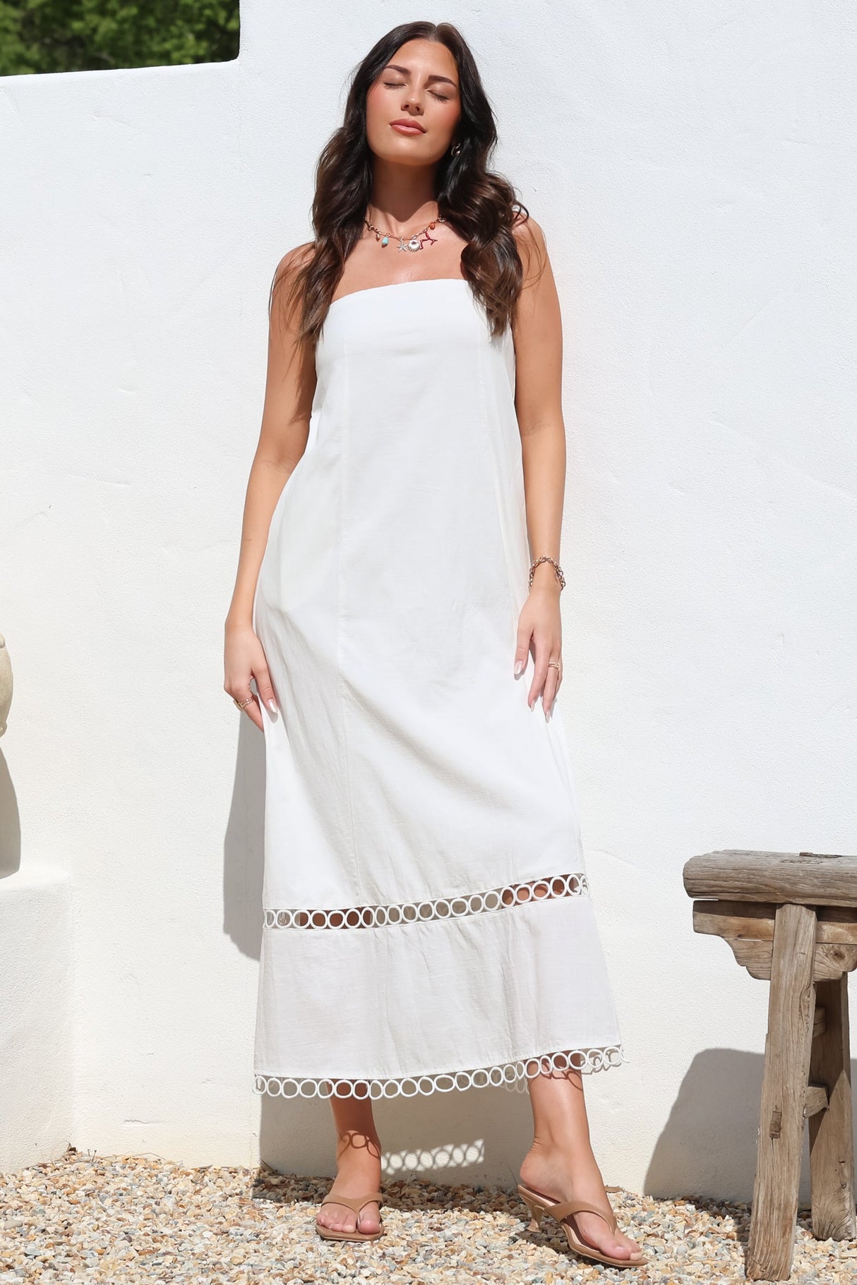 Edna Maxi Dress - Strapless A-Line Dress with Lace Insert and Trim in Cream