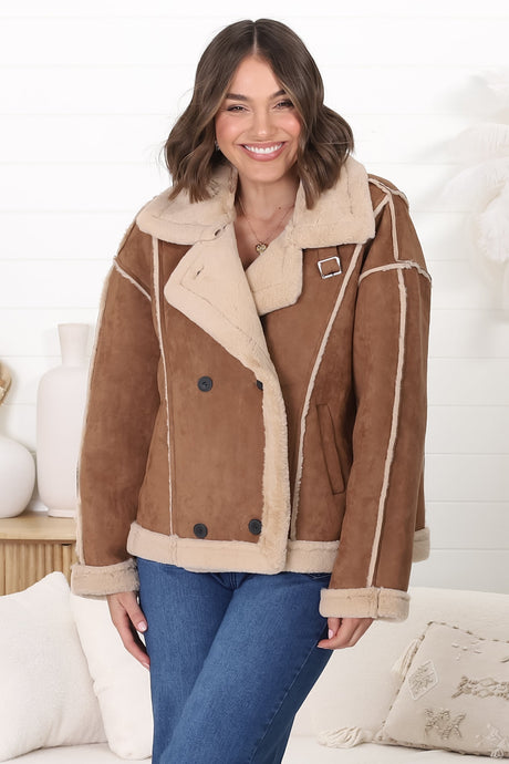 Edwin Jacket - Faux Fur Lined Faux Suede Buttoned Jacket in Brown