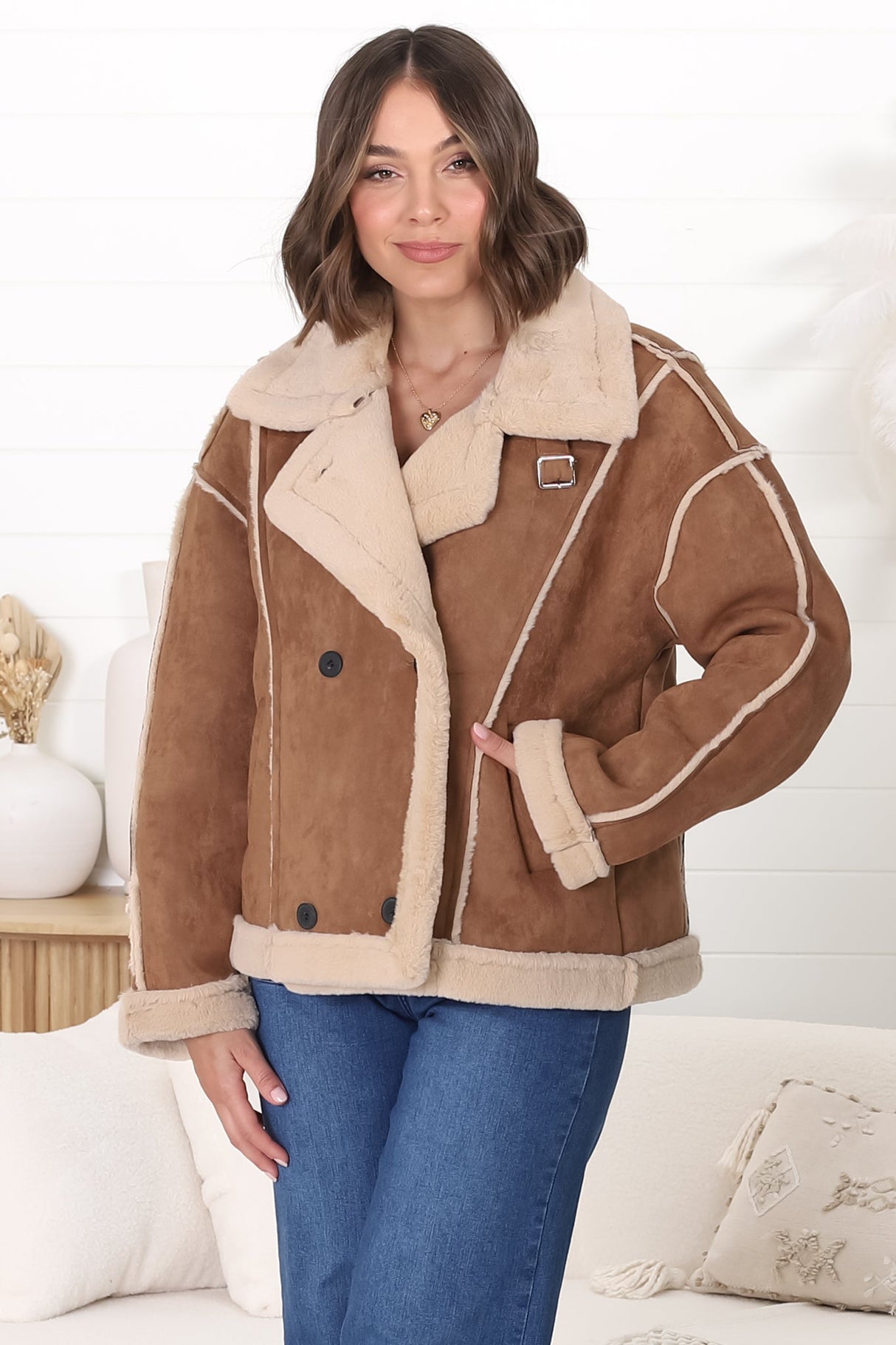 Edwin Jacket - Faux Fur Lined Faux Suede Buttoned Jacket in Brown