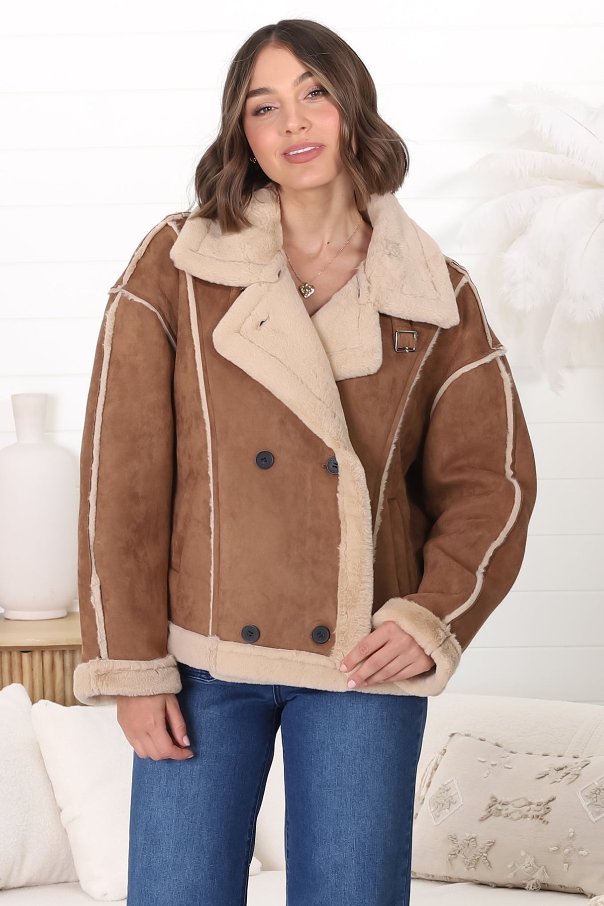 Edwin Jacket - Faux Fur Lined Faux Suede Buttoned Jacket in Brown