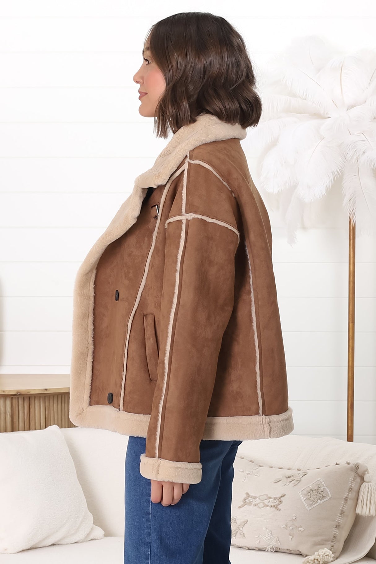 Edwin Jacket - Faux Fur Lined Faux Suede Buttoned Jacket in Brown