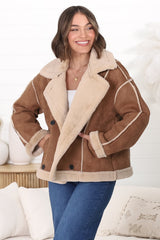 Edwin Jacket - Faux Fur Lined Faux Suede Buttoned Jacket in Brown