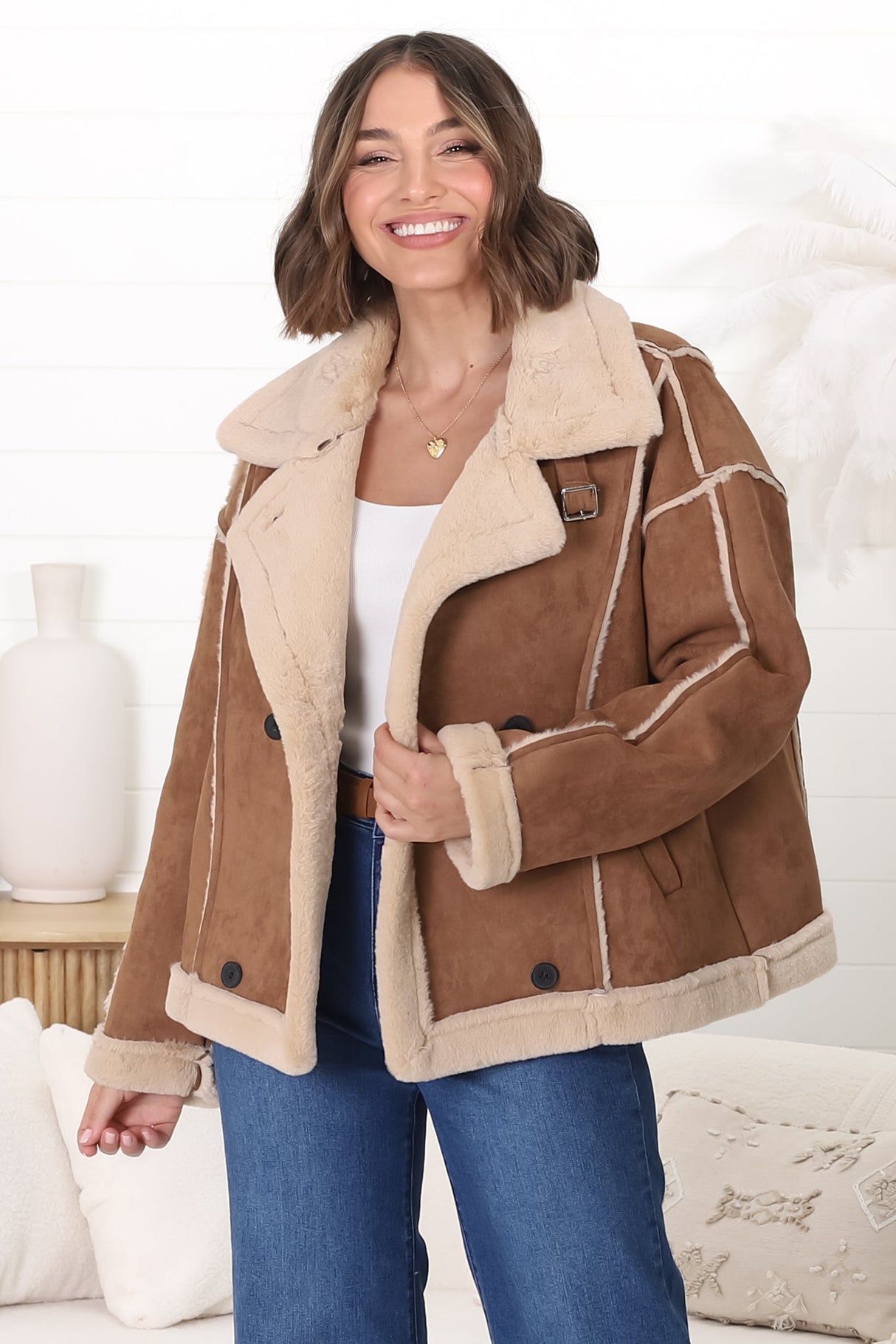 Edwin Jacket - Faux Fur Lined Faux Suede Buttoned Jacket in Brown