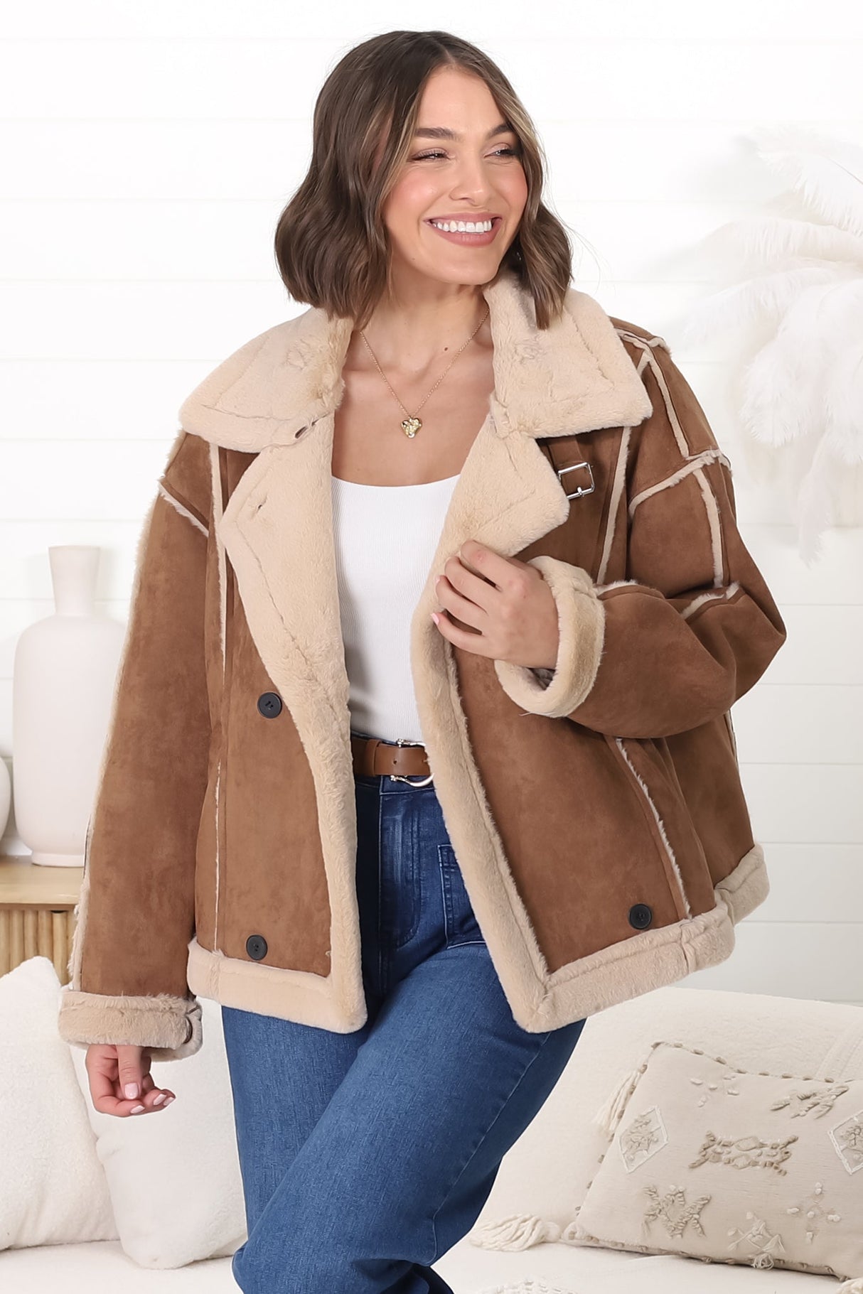 Edwin Jacket - Faux Fur Lined Faux Suede Buttoned Jacket in Brown