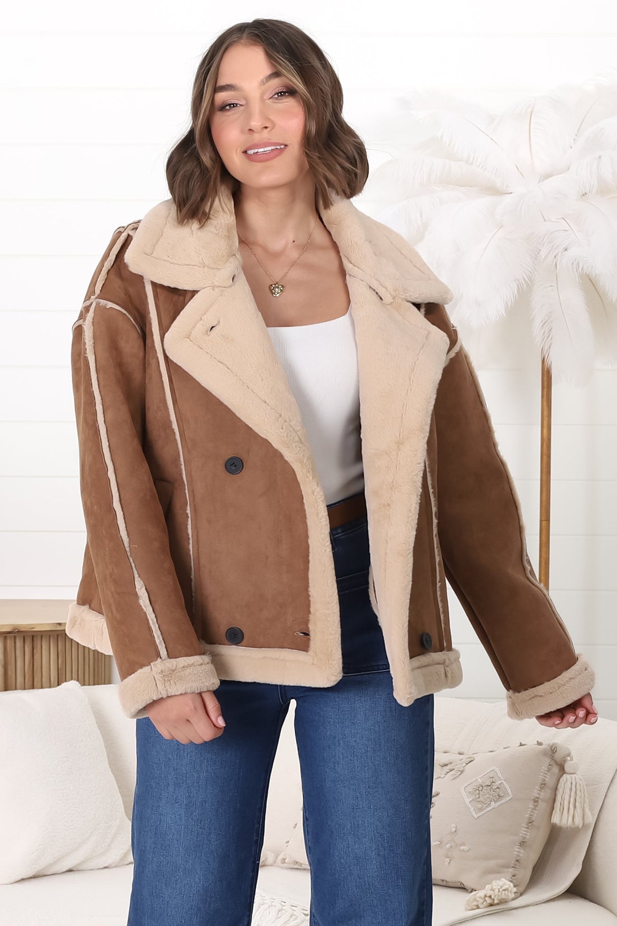 Edwin Jacket - Faux Fur Lined Faux Suede Buttoned Jacket in Brown