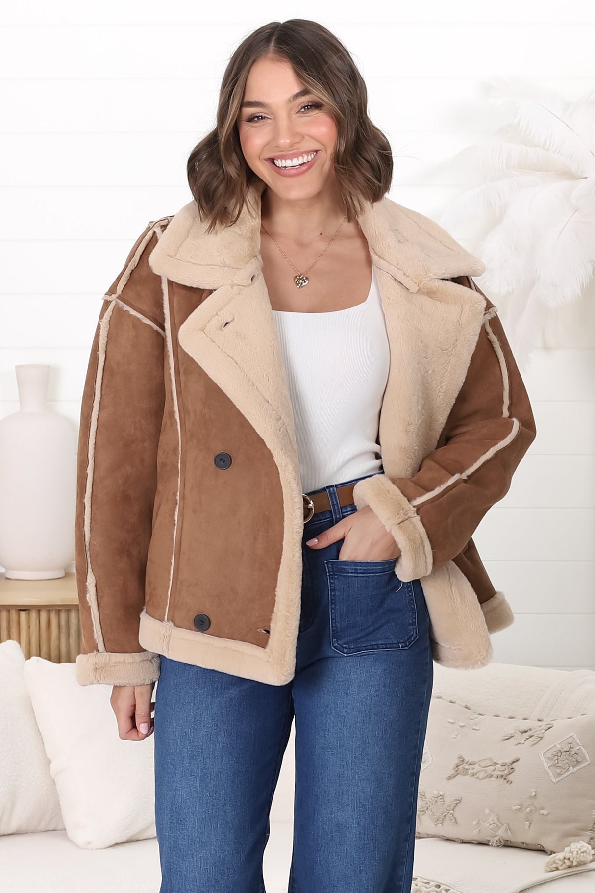 Edwin Jacket - Faux Fur Lined Faux Suede Buttoned Jacket in Brown