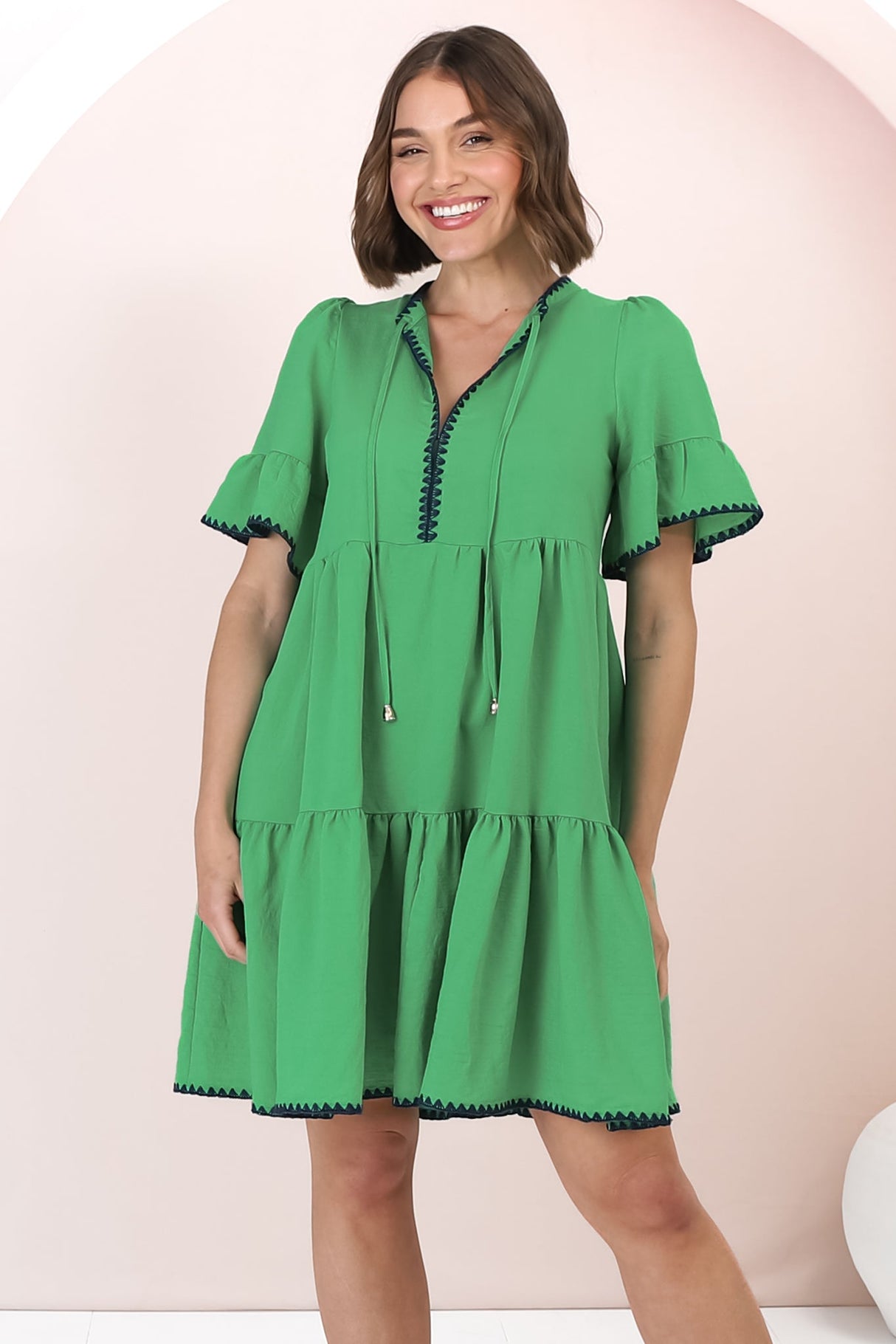 Eesha Mini Dress - Baby Doll Dress With Contrast Stitching Detailing in Green