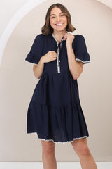 Eesha Mini Dress - Baby Doll Dress With Contrast Stitching Detailing in Navy