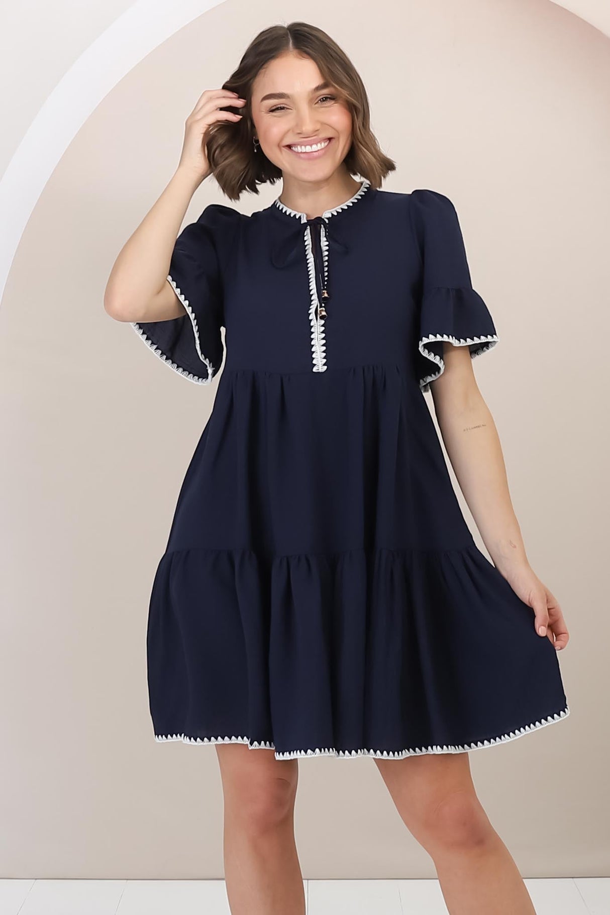 Eesha Mini Dress - Baby Doll Dress With Contrast Stitching Detailing in Navy