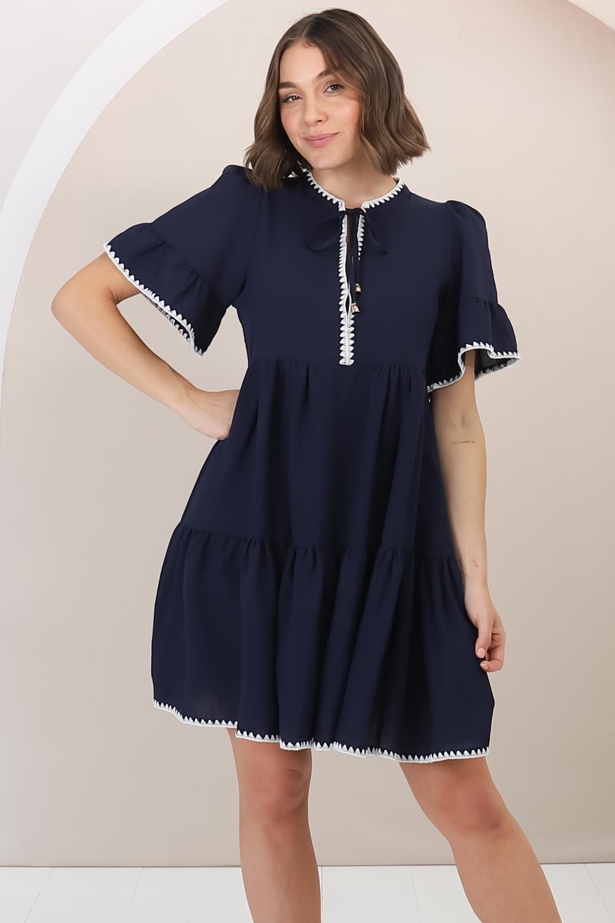 Eesha Mini Dress - Baby Doll Dress With Contrast Stitching Detailing in Navy