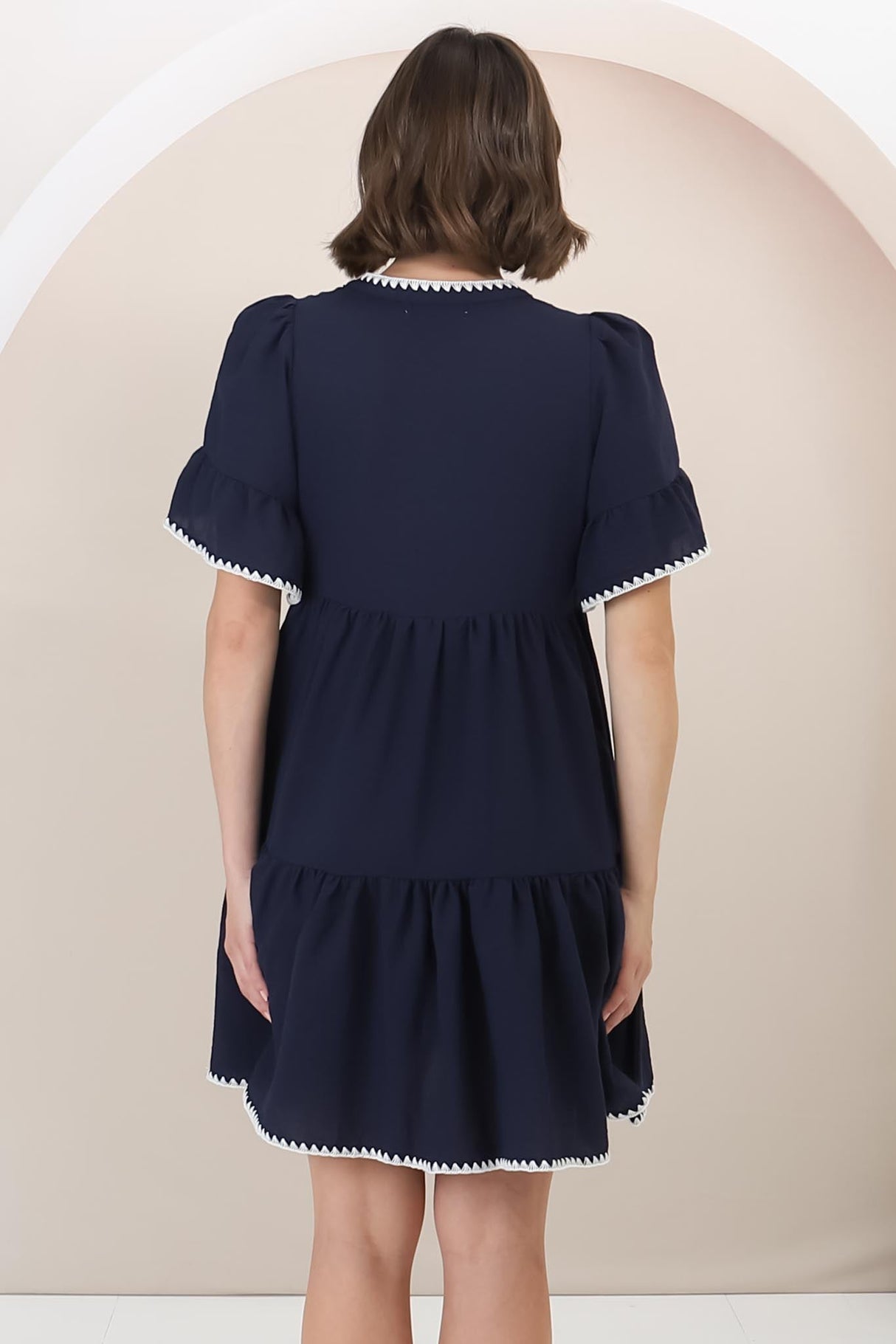 Eesha Mini Dress - Baby Doll Dress With Contrast Stitching Detailing in Navy