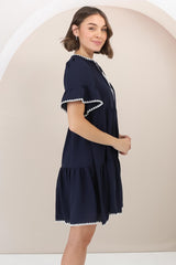 Eesha Mini Dress - Baby Doll Dress With Contrast Stitching Detailing in Navy