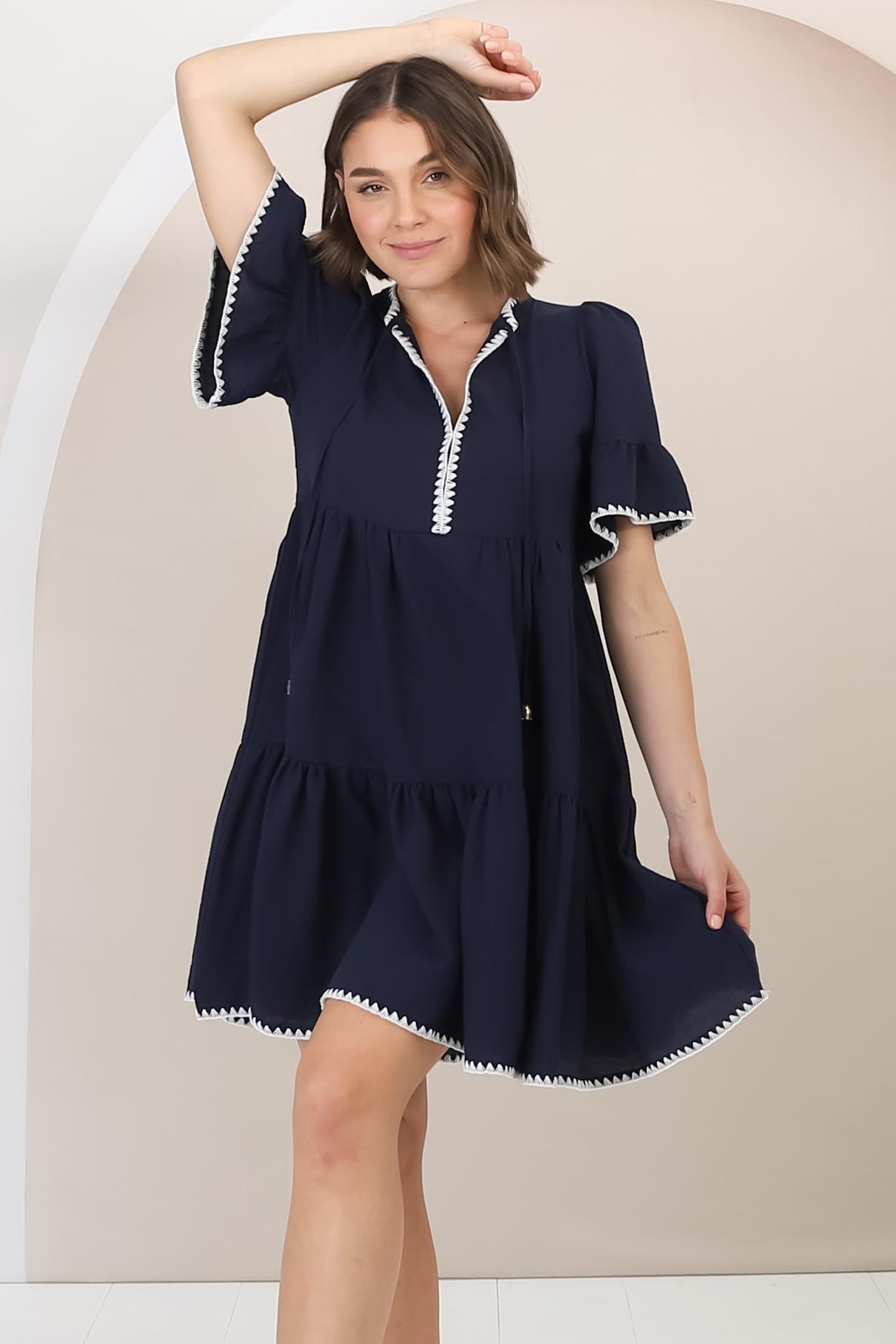 Eesha Mini Dress - Baby Doll Dress With Contrast Stitching Detailing in Navy