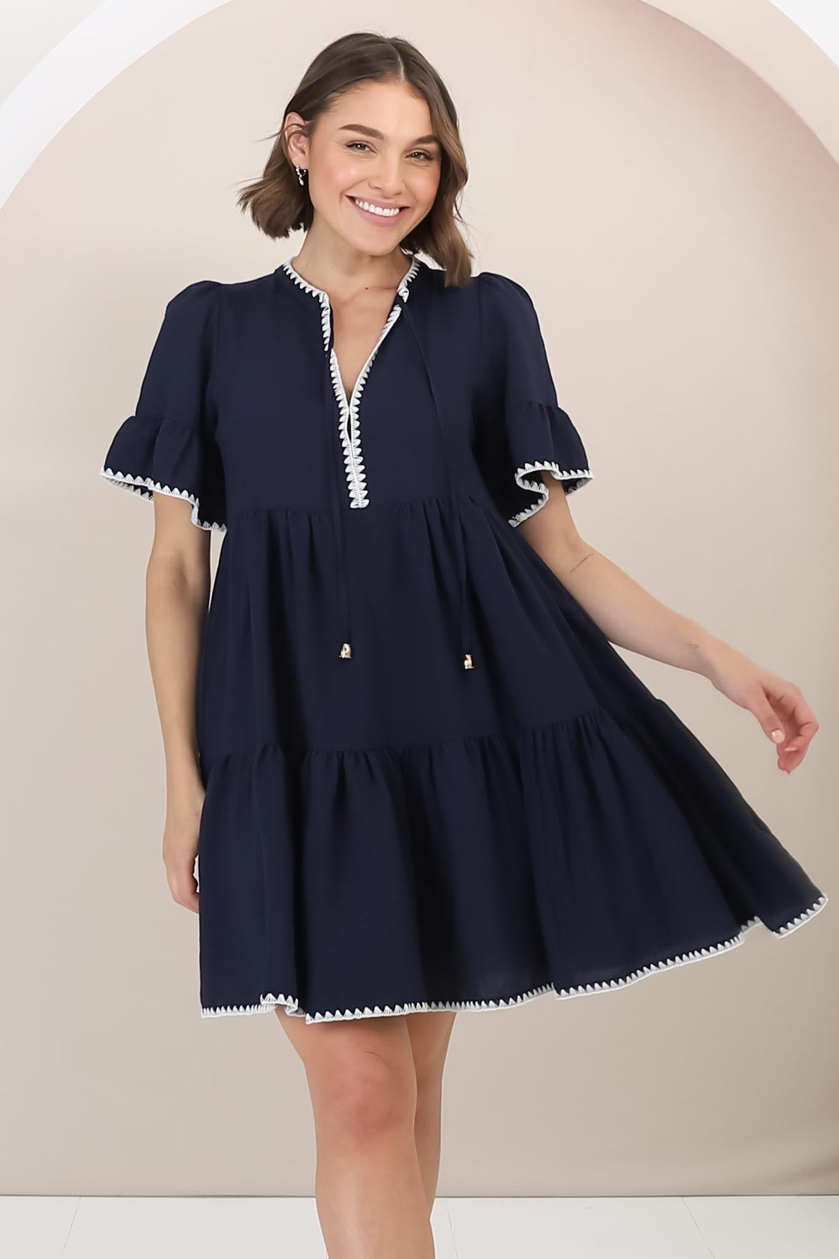 Eesha Mini Dress - Baby Doll Dress With Contrast Stitching Detailing in Navy