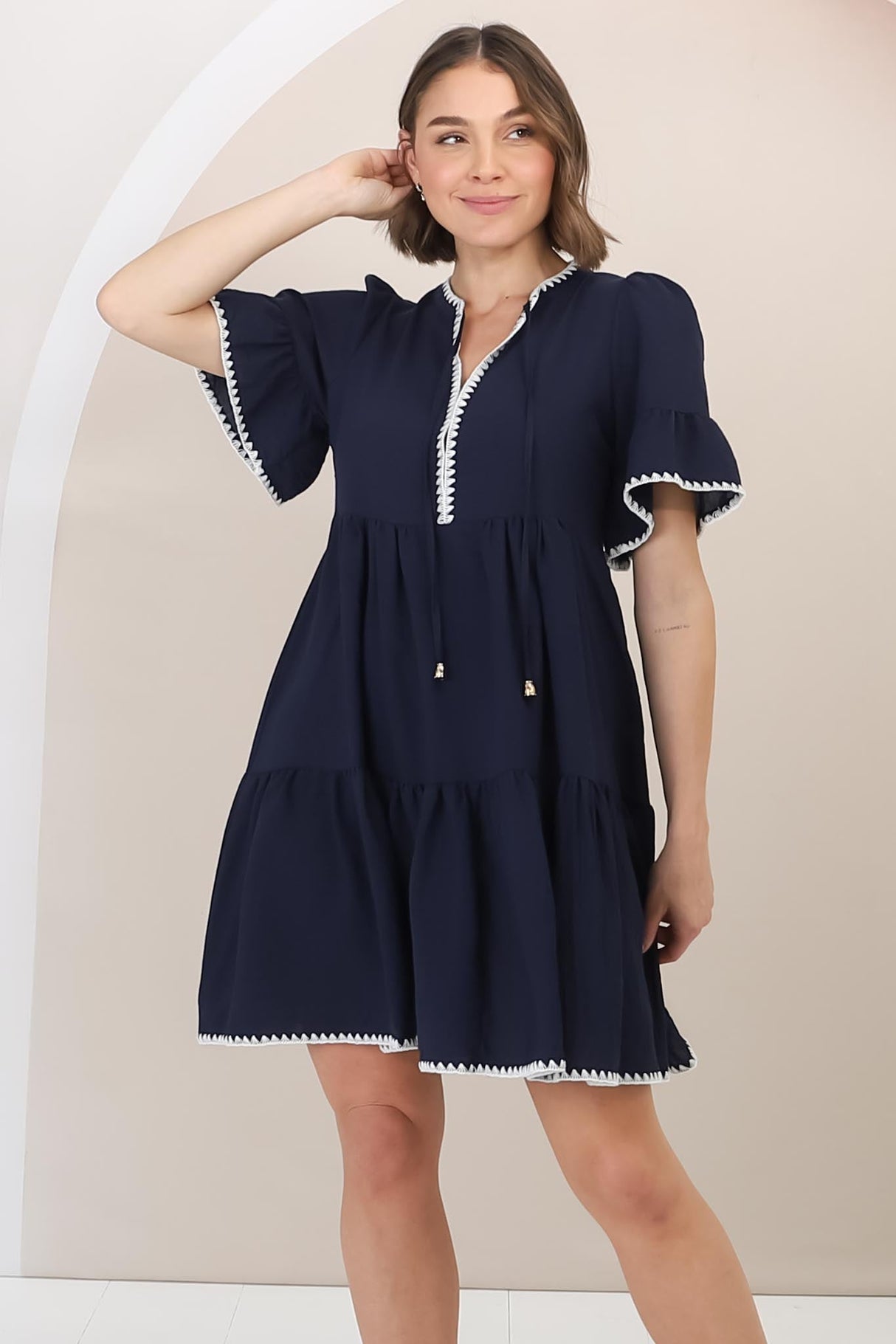 Eesha Mini Dress - Baby Doll Dress With Contrast Stitching Detailing in Navy