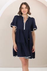 Eesha Mini Dress - Baby Doll Dress With Contrast Stitching Detailing in Navy