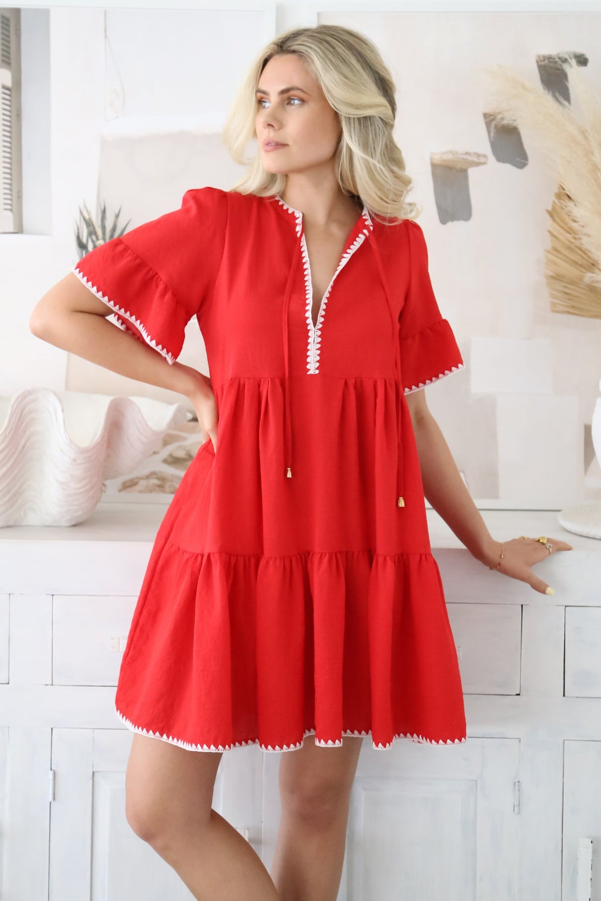 Eesha Mini Dress - Baby Doll Dress With Contrast Stitching Detailing in Red