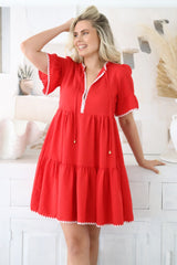 Eesha Mini Dress - Baby Doll Dress With Contrast Stitching Detailing in Red