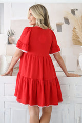 Eesha Mini Dress - Baby Doll Dress With Contrast Stitching Detailing in Red