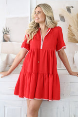 Eesha Mini Dress - Baby Doll Dress With Contrast Stitching Detailing in Red