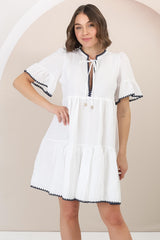 Eesha Mini Dress - Baby Doll Dress With Contrast Stitching Detailing in White