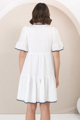 Eesha Mini Dress - Baby Doll Dress With Contrast Stitching Detailing in White