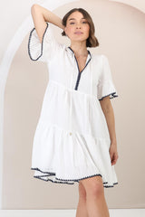 Eesha Mini Dress - Baby Doll Dress With Contrast Stitching Detailing in White