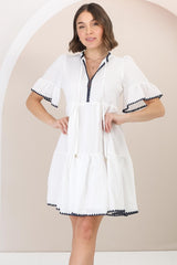 Eesha Mini Dress - Baby Doll Dress With Contrast Stitching Detailing in White