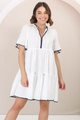 Eesha Mini Dress - Baby Doll Dress With Contrast Stitching Detailing in White