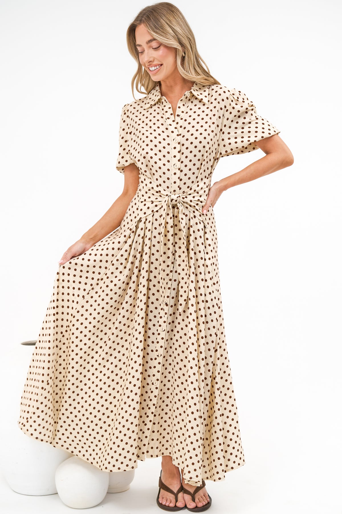 Eileen Midi Dress - Collared Shirt Dress with Multiway Waist Tie and Puff Sleeves in Renna Spot Beige