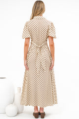 Eileen Midi Dress - Collared Shirt Dress with Multiway Waist Tie and Puff Sleeves in Renna Spot Beige
