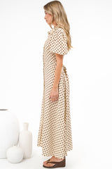 Eileen Midi Dress - Collared Shirt Dress with Multiway Waist Tie and Puff Sleeves in Renna Spot Beige