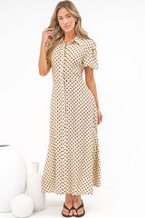 Eileen Midi Dress - Collared Shirt Dress with Multiway Waist Tie and Puff Sleeves in Renna Spot Beige