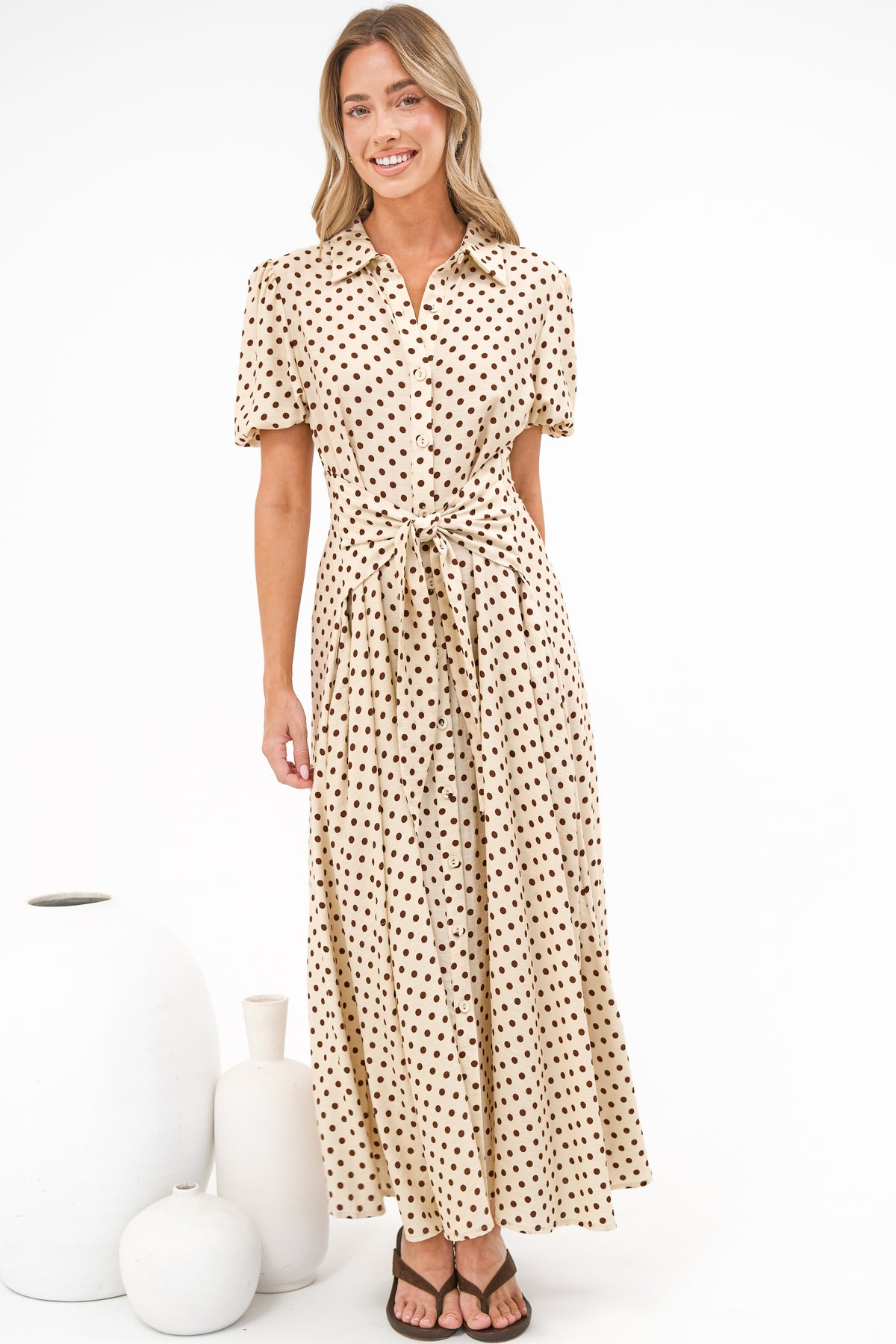 Eileen Midi Dress - Collared Shirt Dress with Multiway Waist Tie and Puff Sleeves in Renna Spot Beige