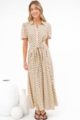 Eileen Midi Dress - Collared Shirt Dress with Multiway Waist Tie and Puff Sleeves in Renna Spot Beige