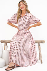 Eileen Midi Dress - Collared Shirt Dress with Multiway Waist Tie and Puff Sleeves in Renna Spot Pink
