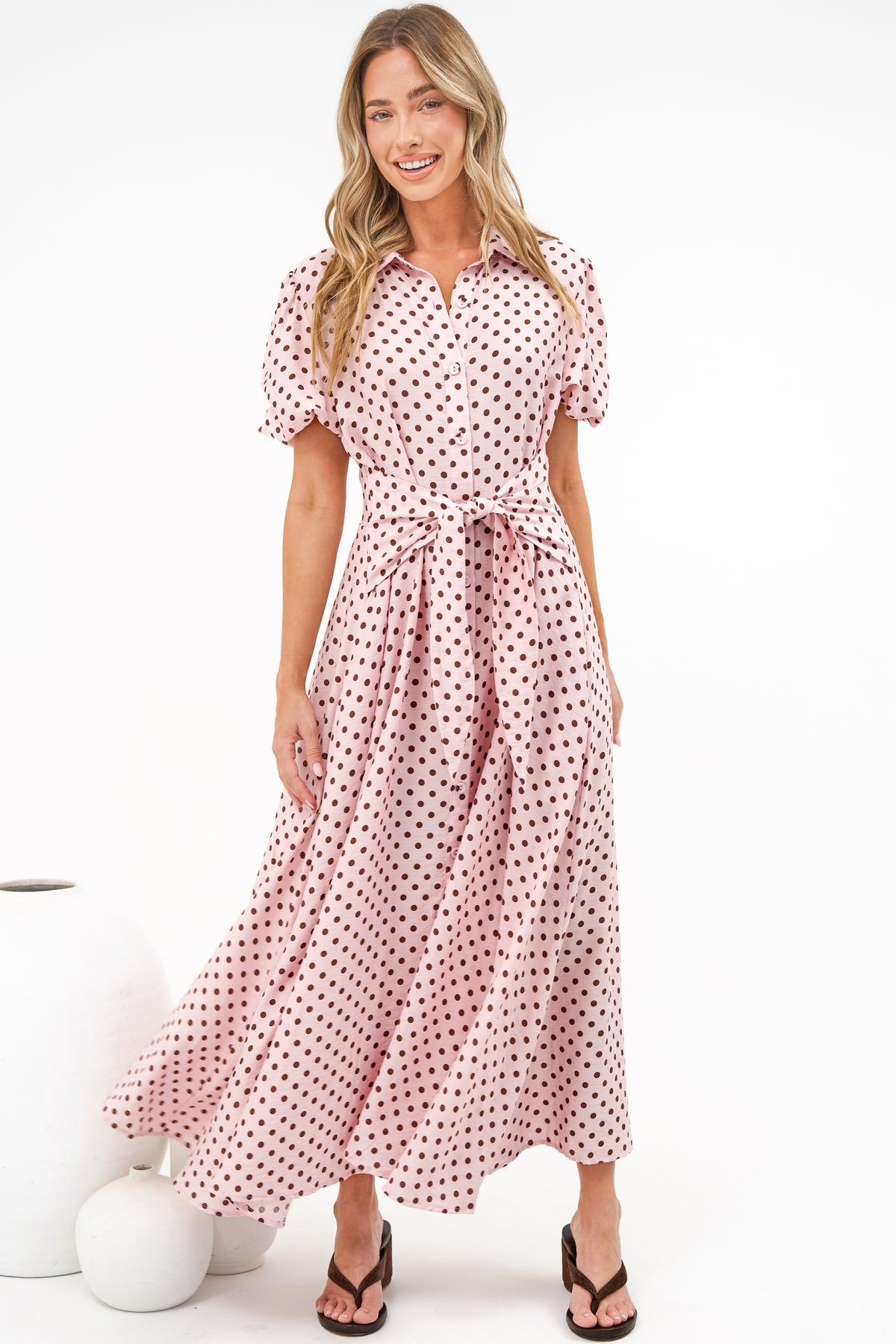 Eileen Midi Dress - Collared Shirt Dress with Multiway Waist Tie and Puff Sleeves in Renna Spot Pink