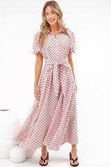 Eileen Midi Dress - Collared Shirt Dress with Multiway Waist Tie and Puff Sleeves in Renna Spot Pink